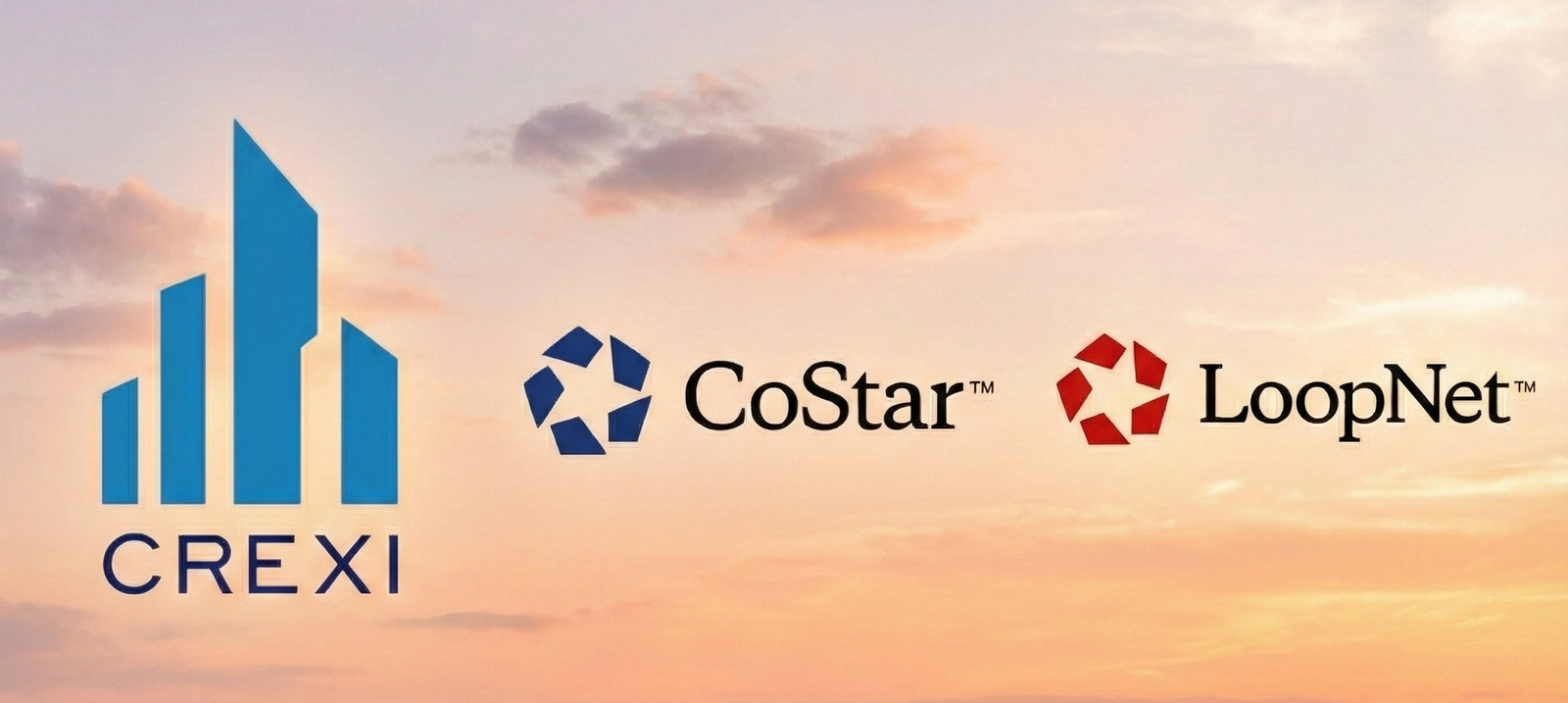 Logos of major commercial real estate listing platforms like LoopNet, CoStar, and Crexi.