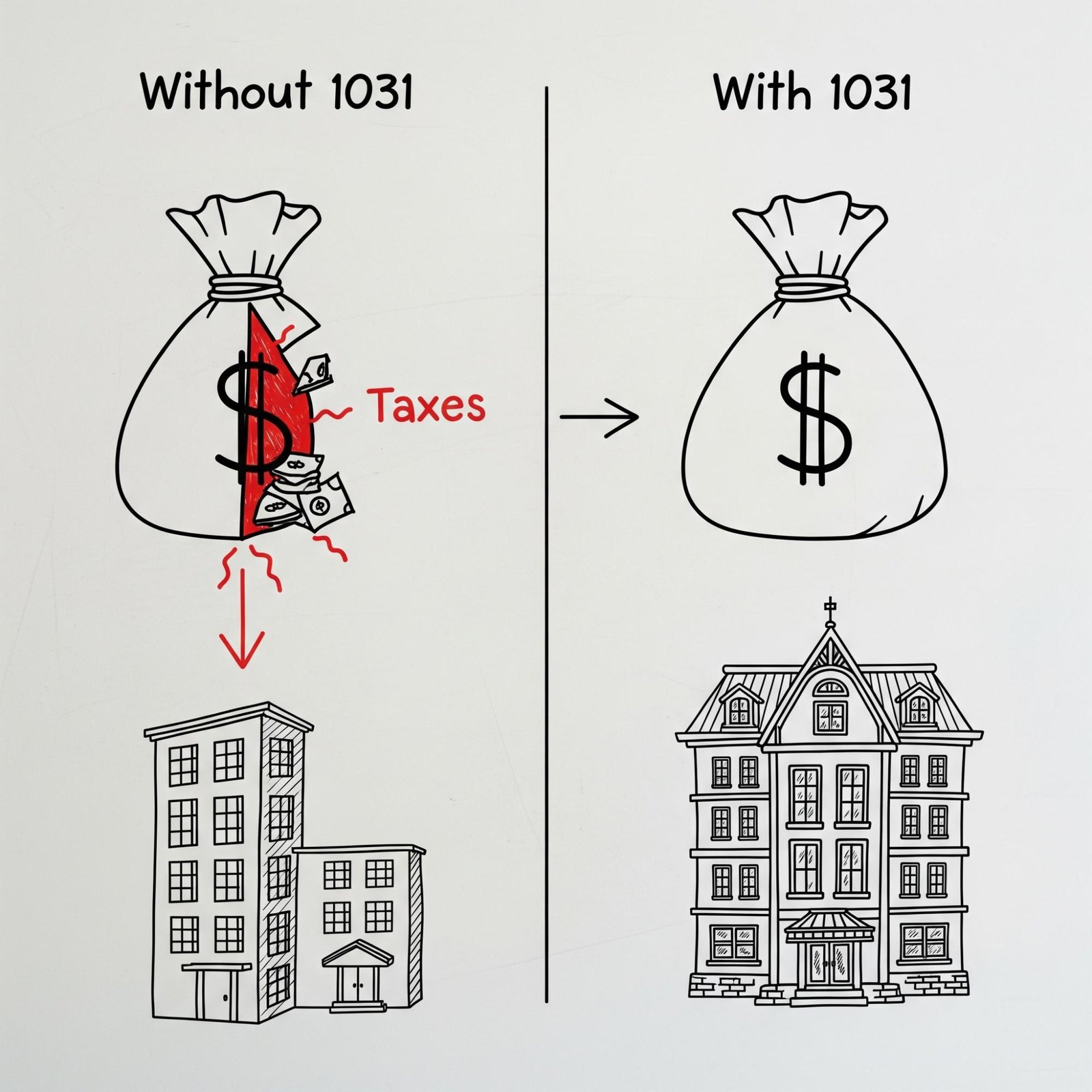 Graphic comparing 1031 exchange reinvestment vs paying taxes.