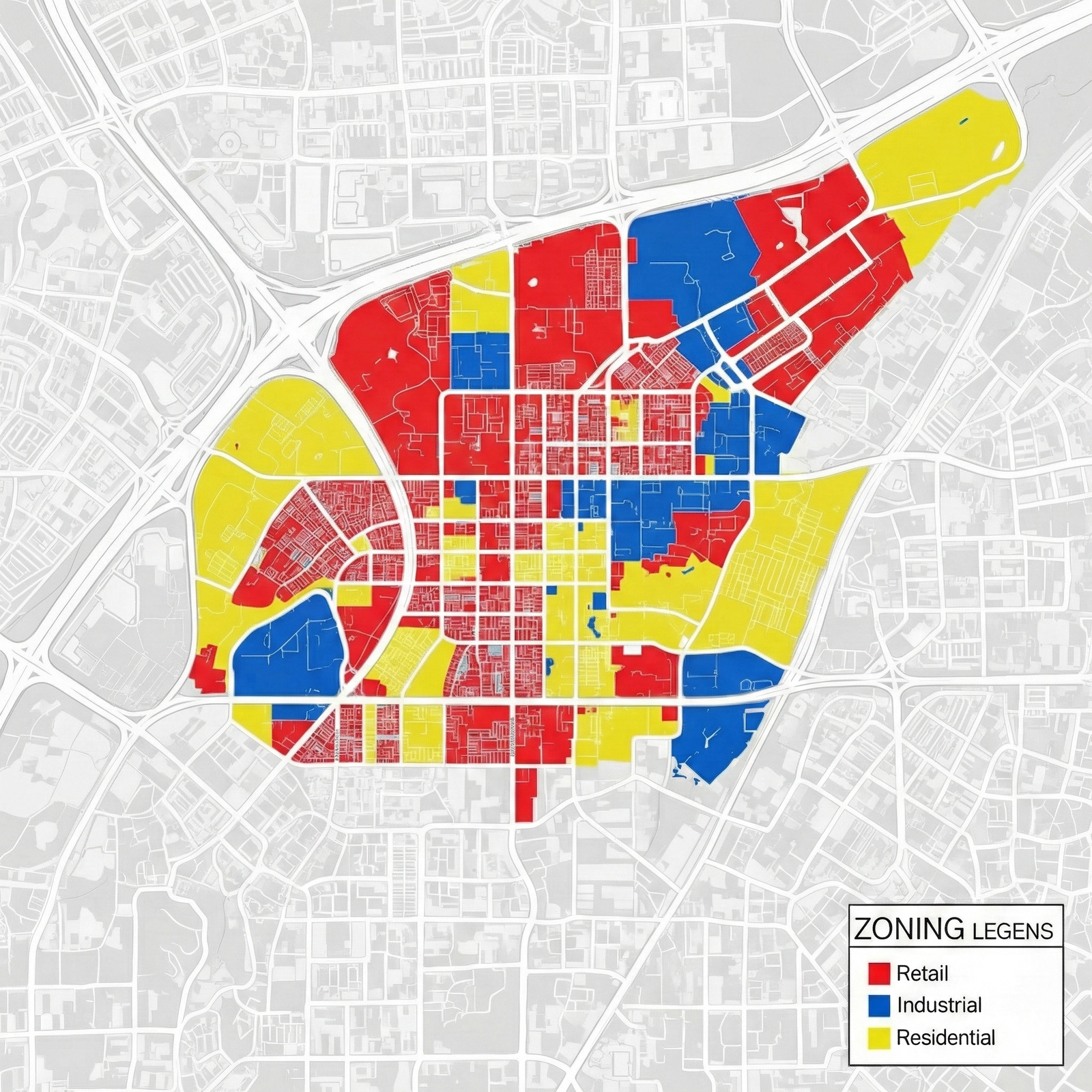 Color-coded zoning map overlaying a city grid showing distinct districts.